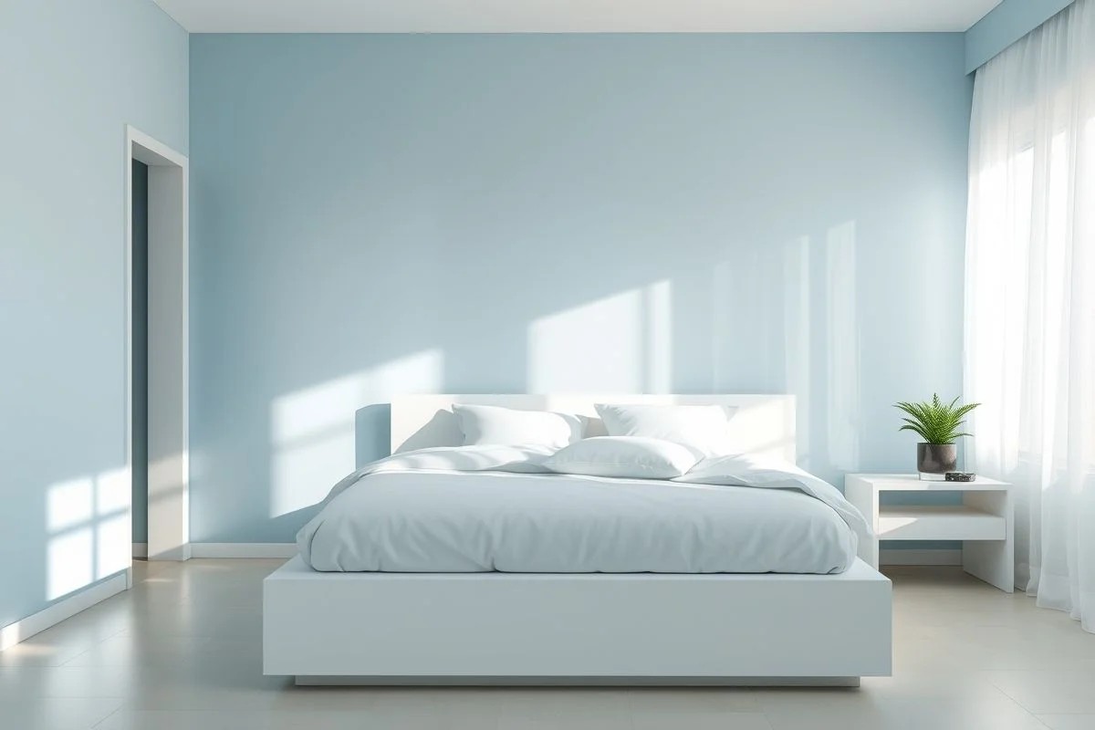 Quarto azul sereno minimalista brasileiro com luz natural e decoração clean