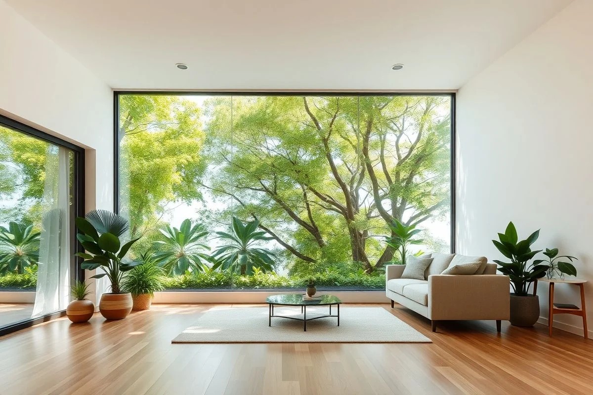 Sala de estar biofílica com piso de madeira clara e vista para a natureza.
