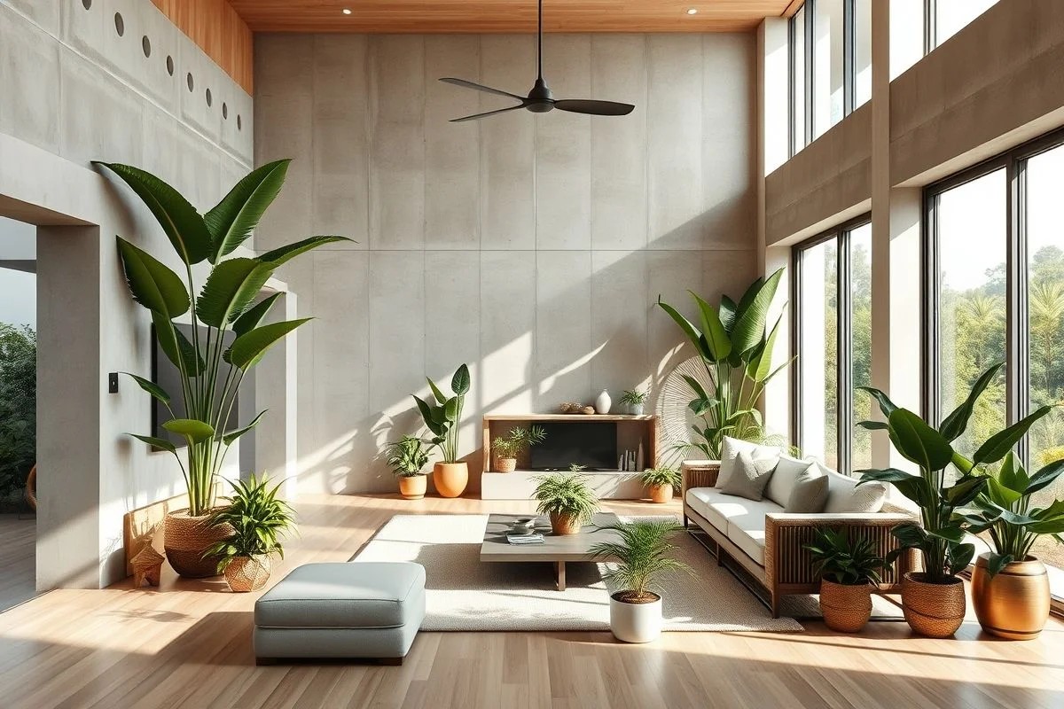 Sala de estar minimalista com cores neutras, materiais naturais e plantas exuberantes.