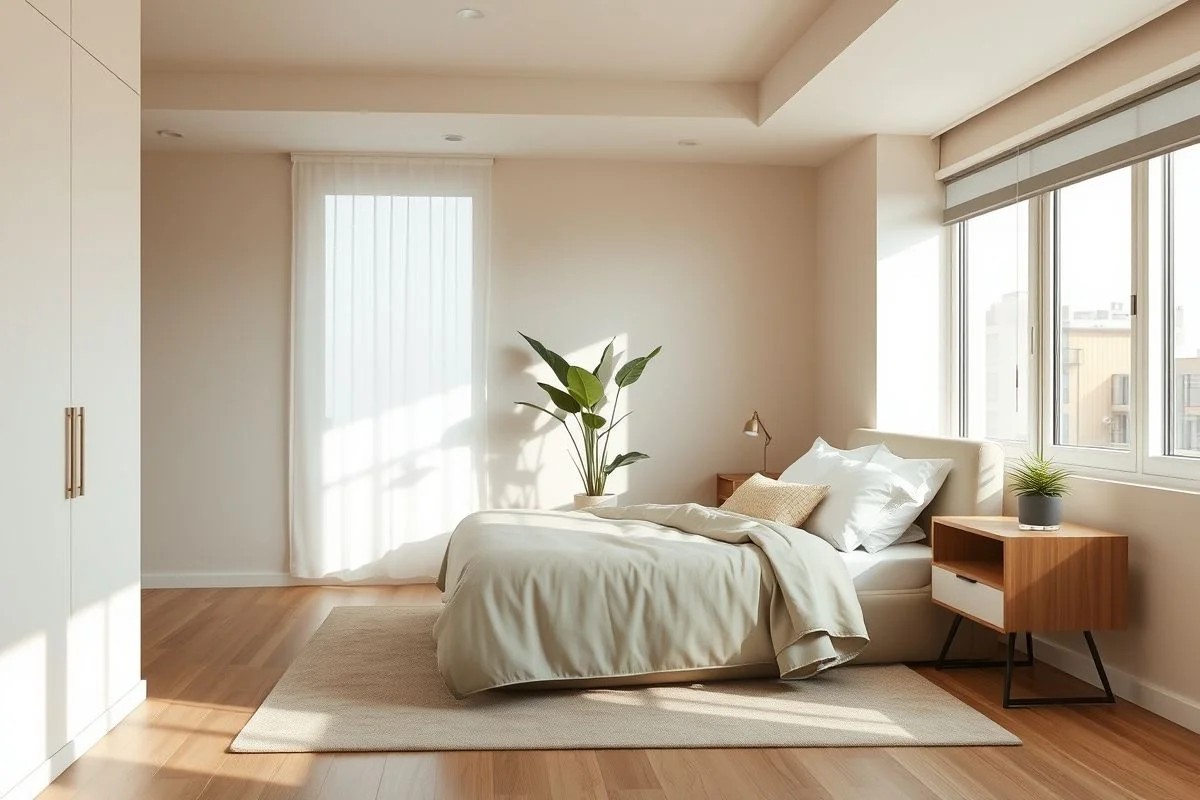 Quarto minimalista, cores neutras, móveis funcionais. Design moderno e organizado.