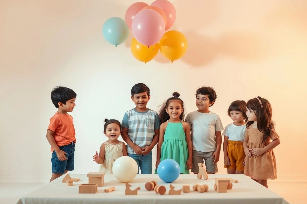 Decoração minimalista de festa infantil com balões e brinquedos de madeira em tons pastel.