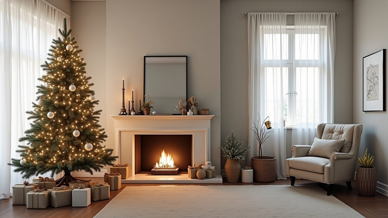 Decoração de Natal minimalista com árvore simples e elegante.