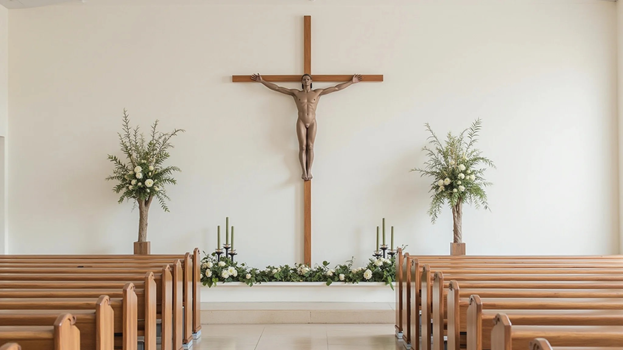 Decoração minimalista para casamento na igreja com linhas limpas e cores neutras.