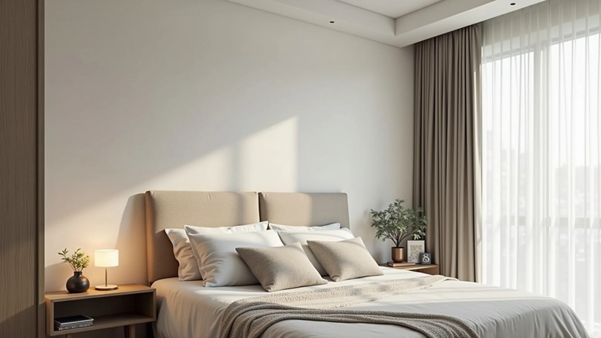 Quarto minimalista com cores neutras, linhas limpas e decoração mínima para relaxamento.