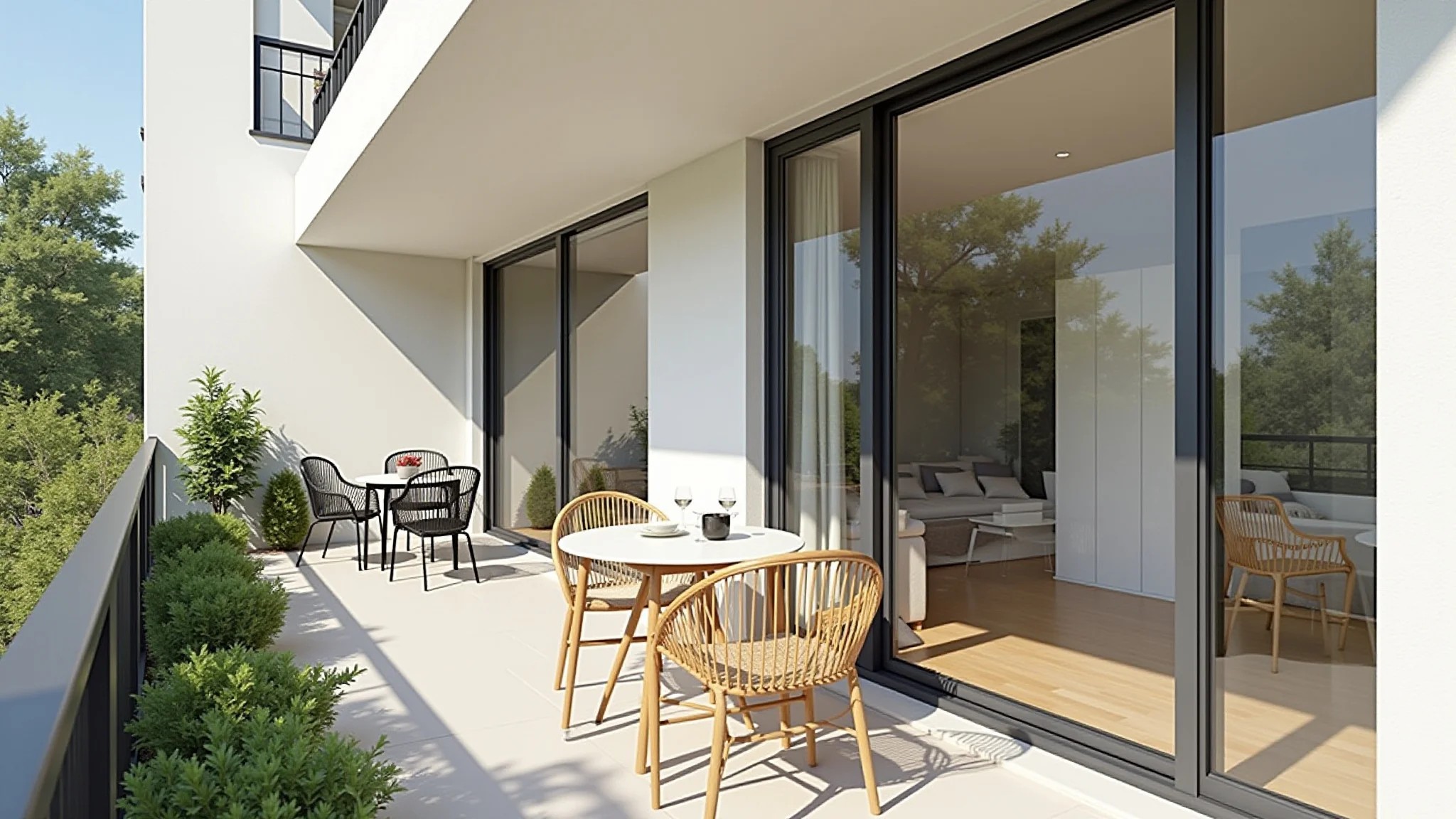 Varanda gourmet minimalista com jardim pequeno e cores claras.