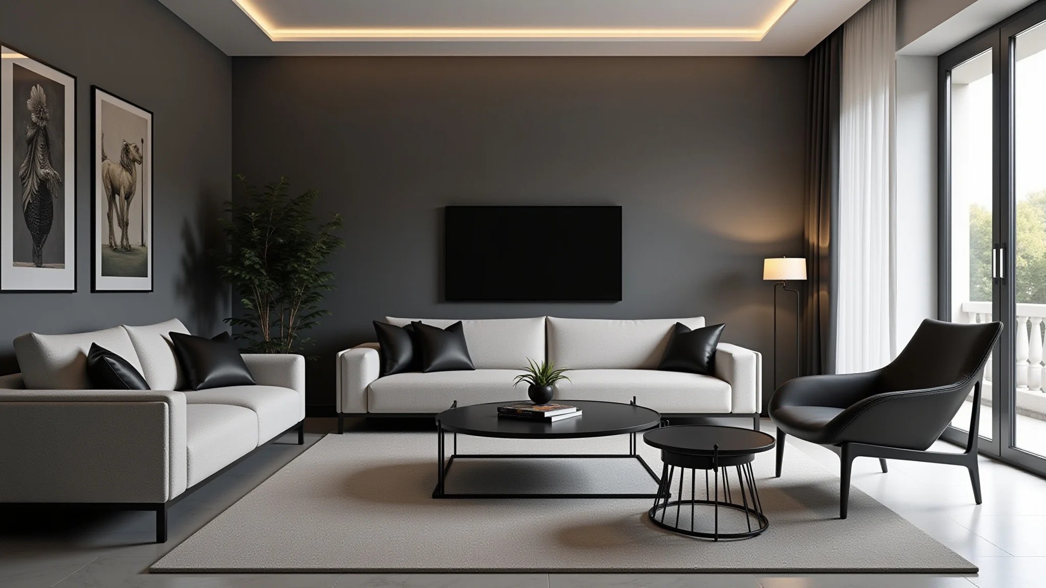 Sala de estar cinza minimalista com detalhes em preto, móveis modernos.
