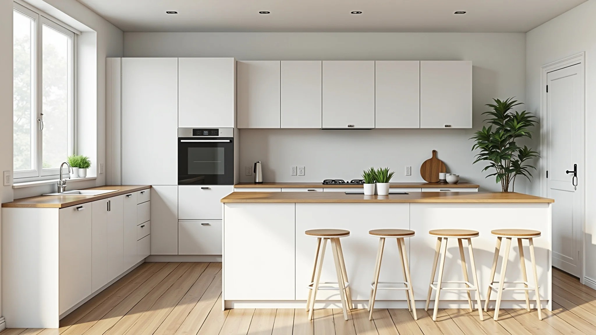 Cozinha minimalista com ilha branca, bancada de madeira e bancos de bar.