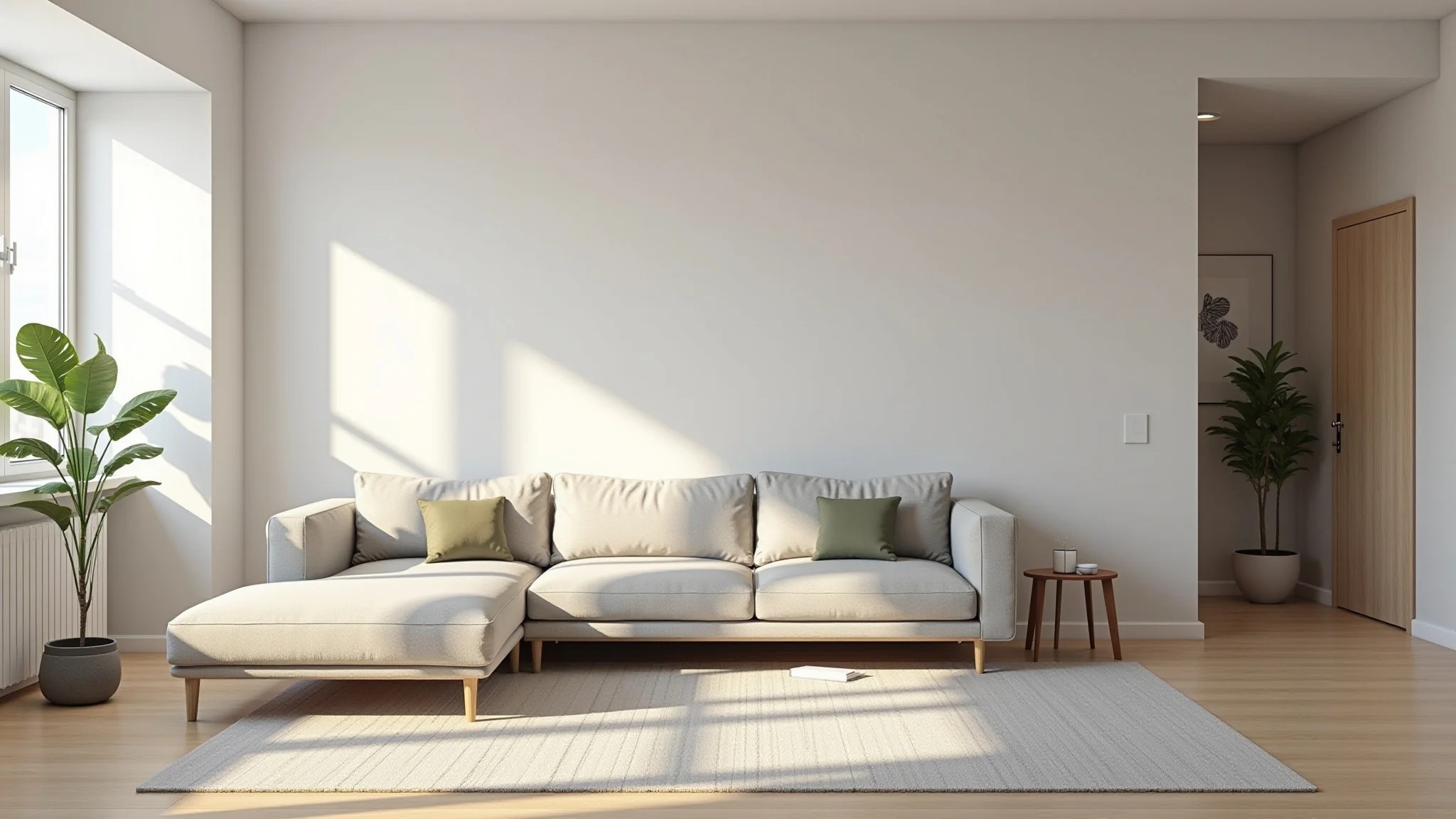 Sala minimalista com cores neutras, móveis funcionais e iluminação aconchegante.