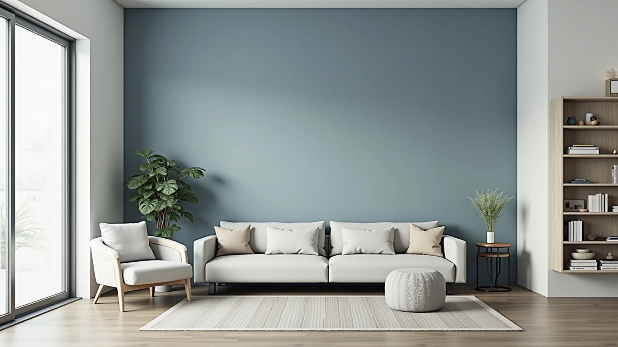 Sala de estar azul serenity com estilo minimalista e design clean.