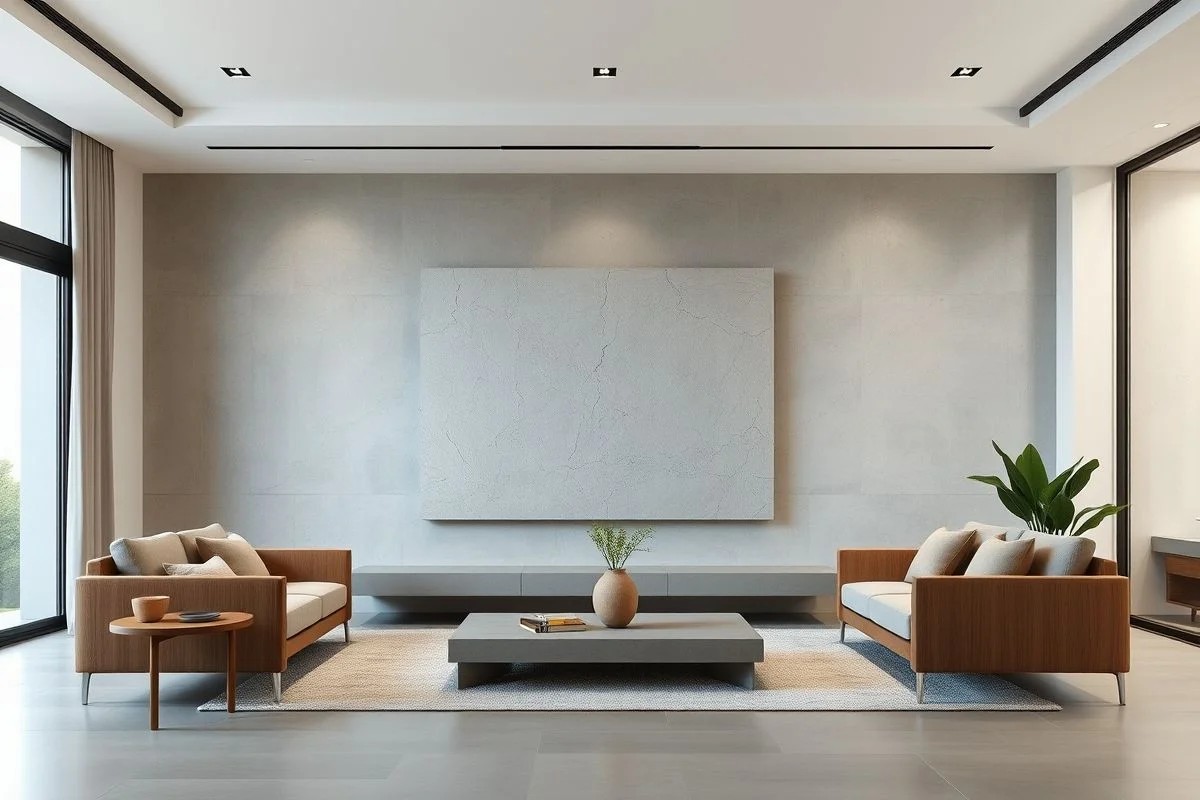 Sala moderna com parede de cimentício e decoração minimalista brasileira.