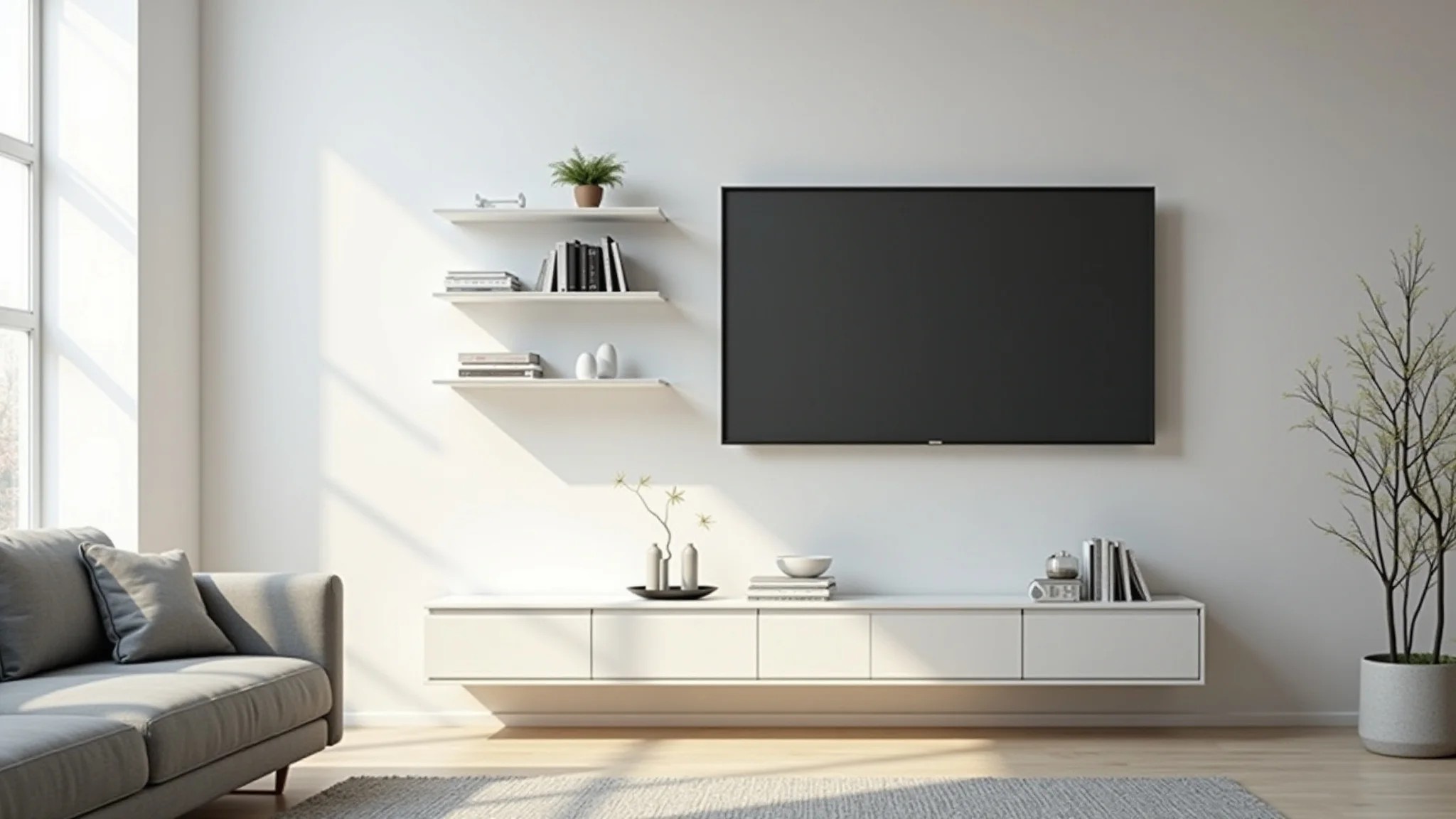 Sala minimalista com rack suspenso branco e design clean.