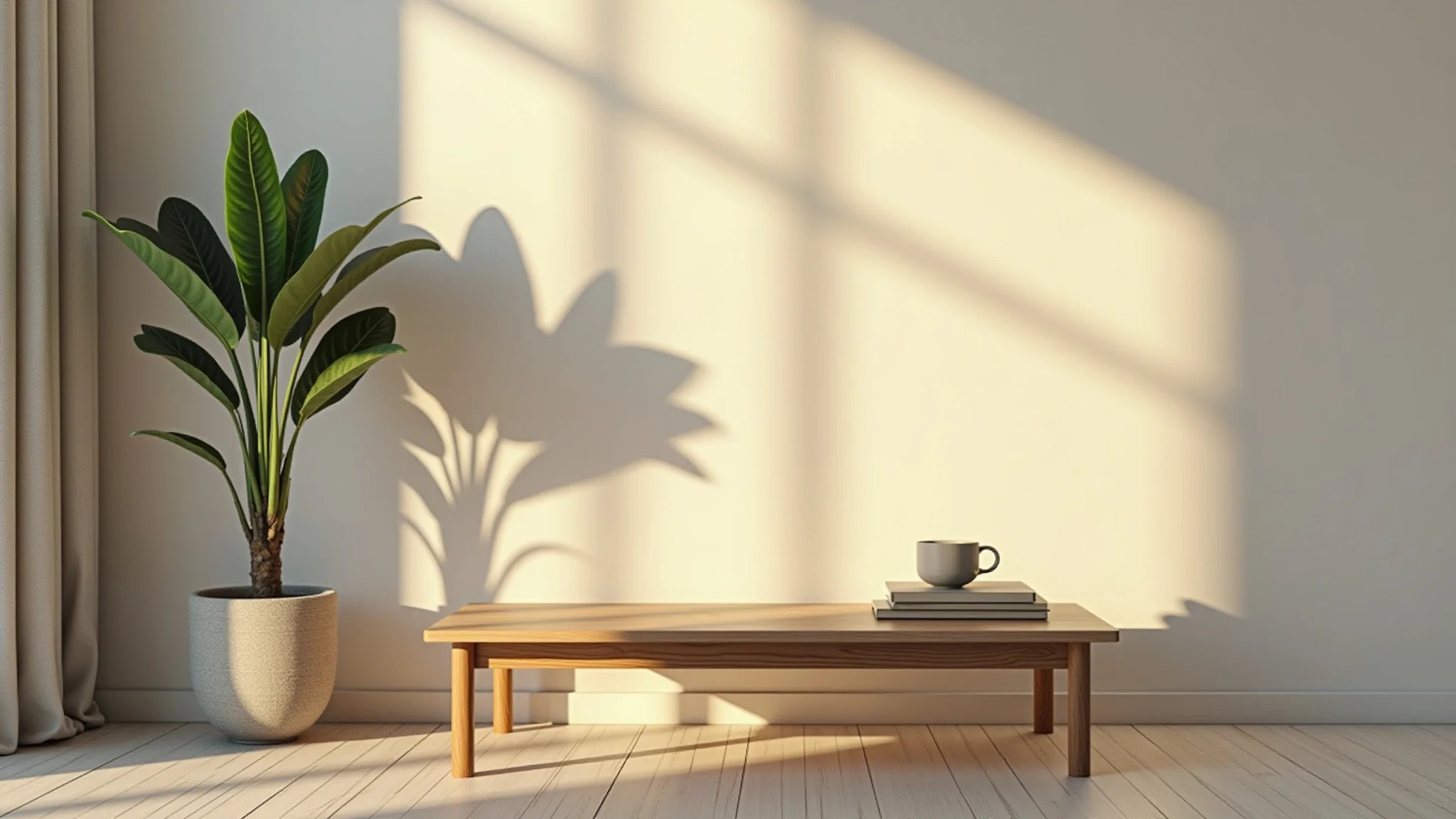Sala minimalista com mesa de centro simples e uma planta.