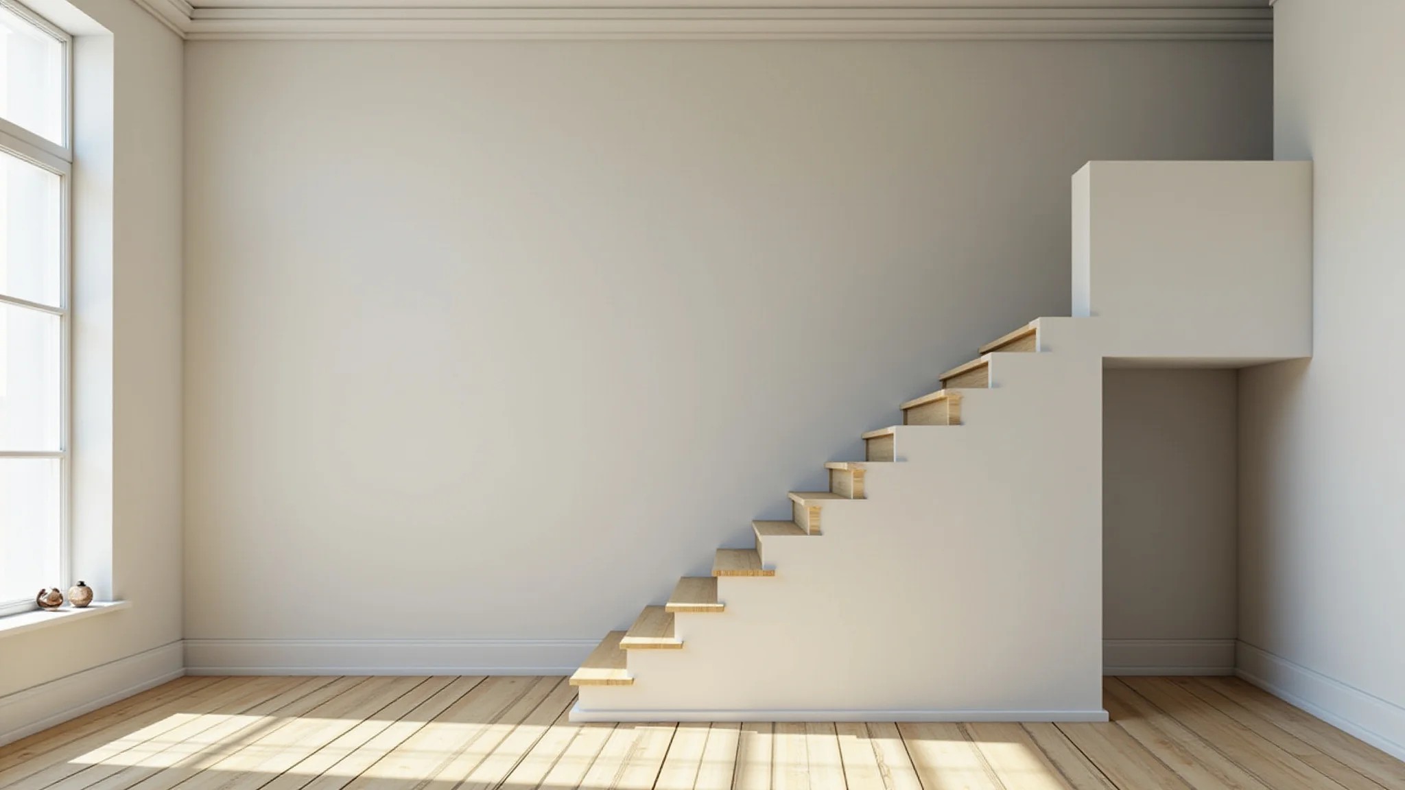 Sala minimalista com escada discreta em cor neutra e decoração clean.