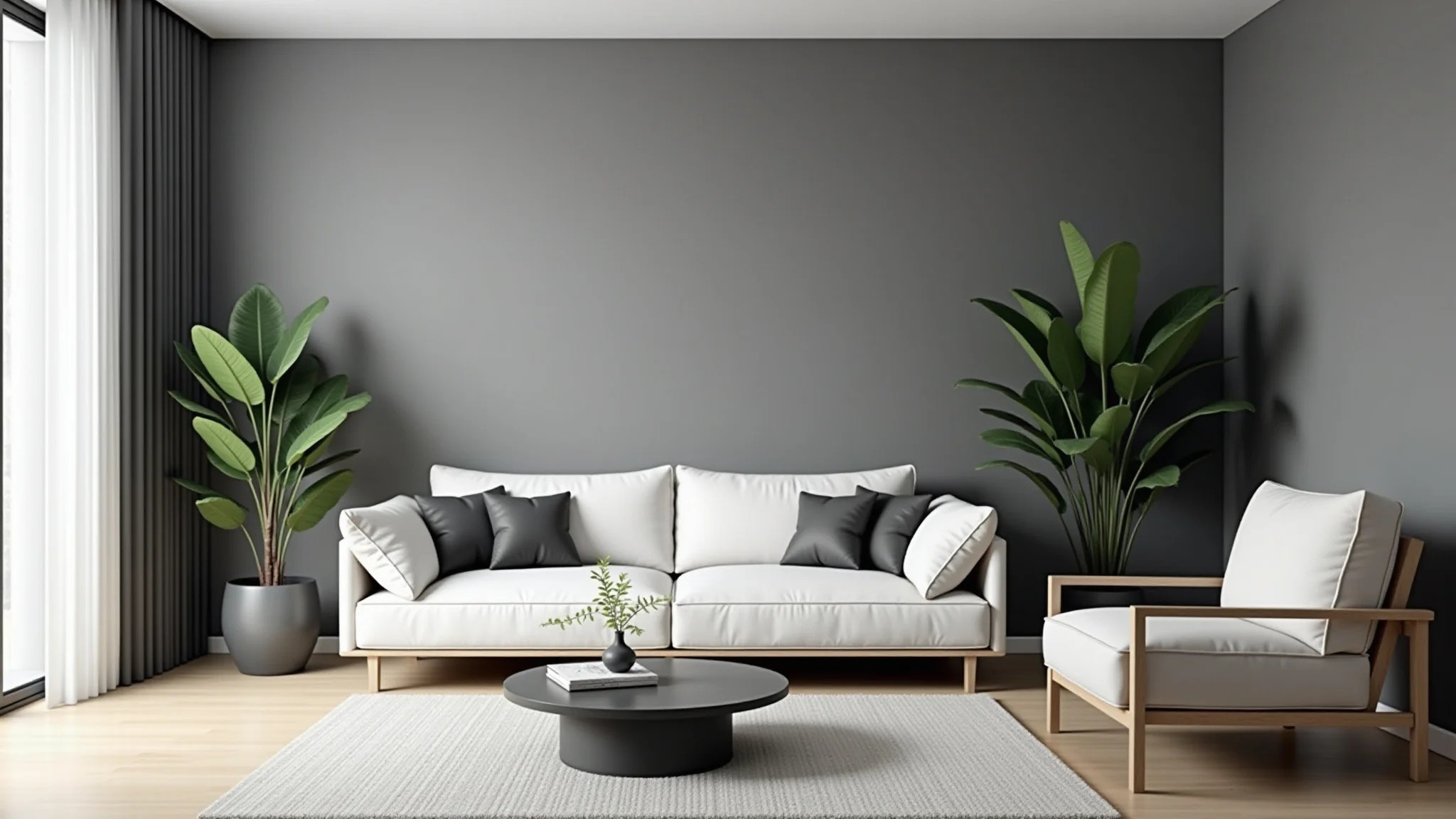Sala minimalista com paredes cinzas, sofá branco e detalhes pretos, com plantas.