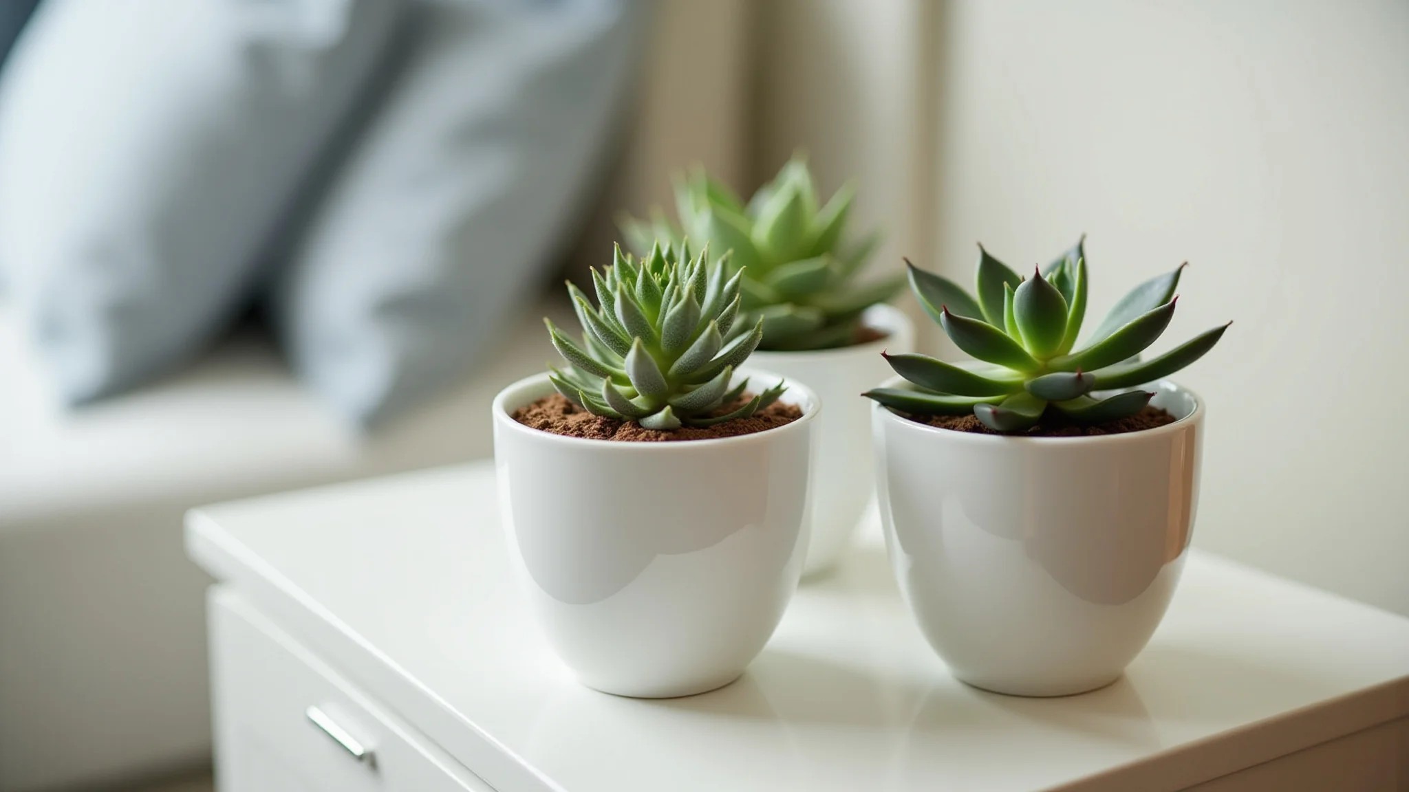 Mini jardim minimalista com suculentas em vasos de cerâmica branca.