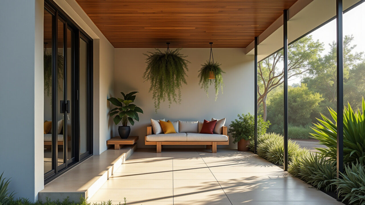 Pórtico minimalista com plantas pendentes.