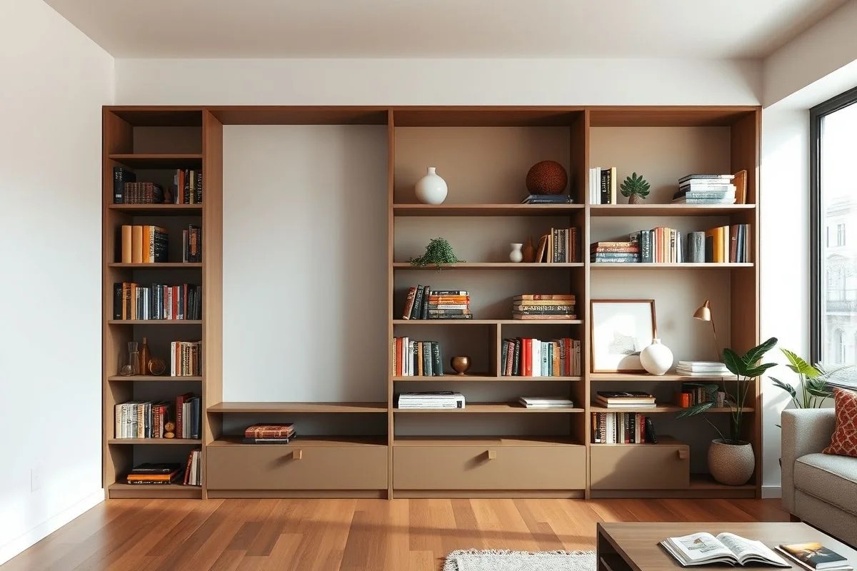 Estante minimalista organizada com livros e objetos decorativos