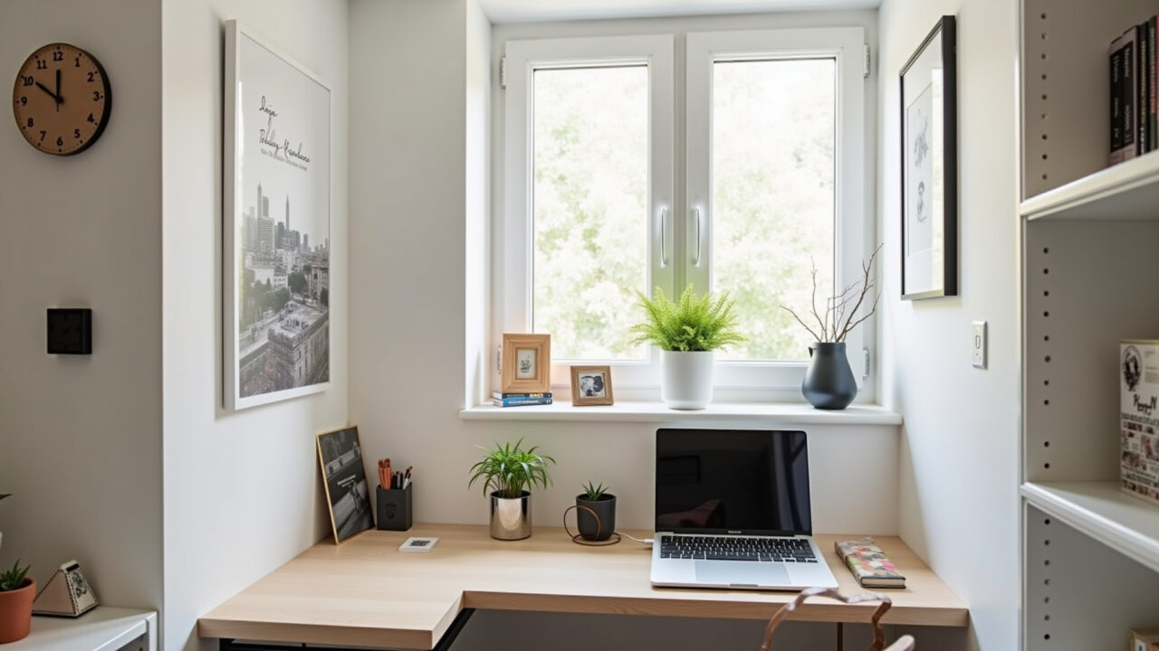 Home office pequeno minimalista com mesa organizada.