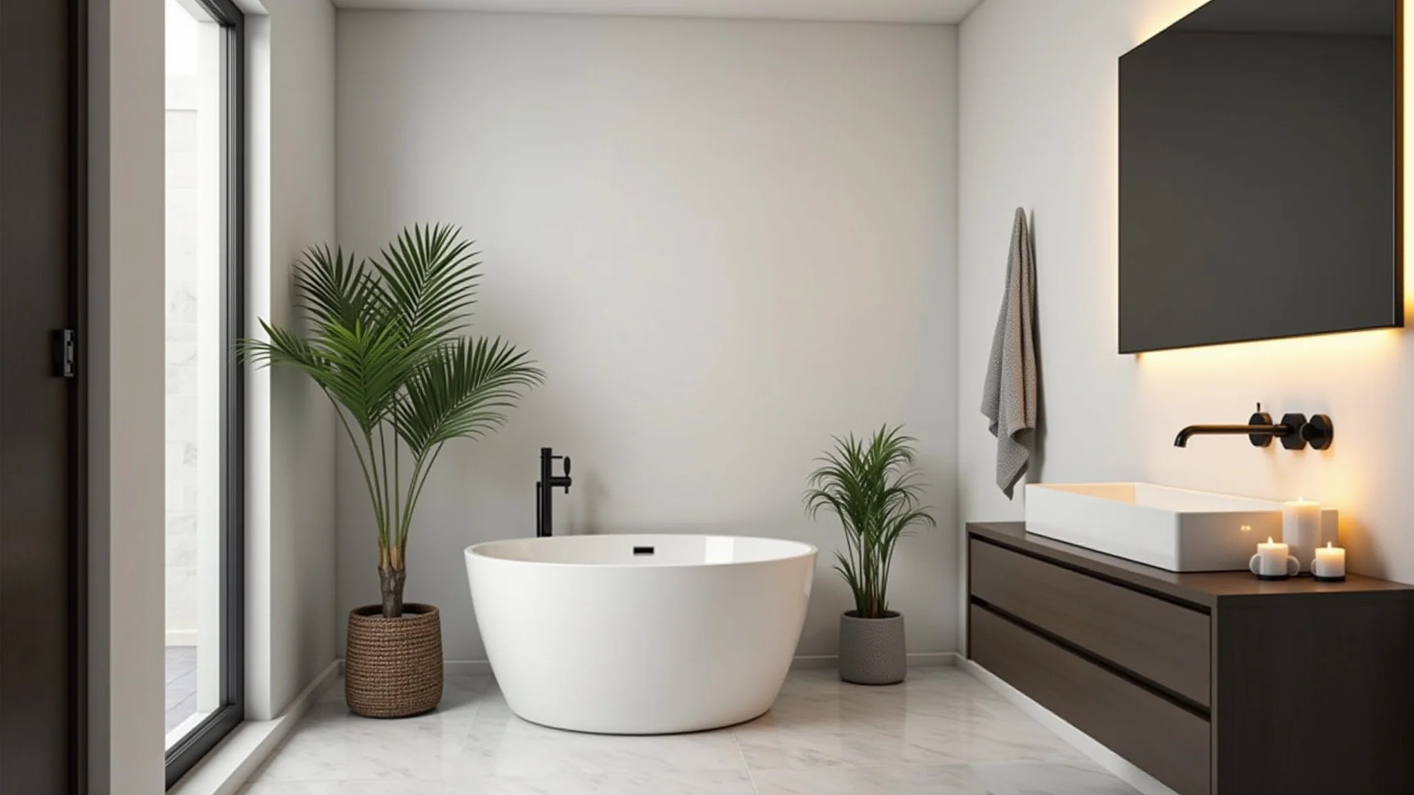 Banheiro pequeno minimalista com banheira, velas, plantas e espelho amplo.