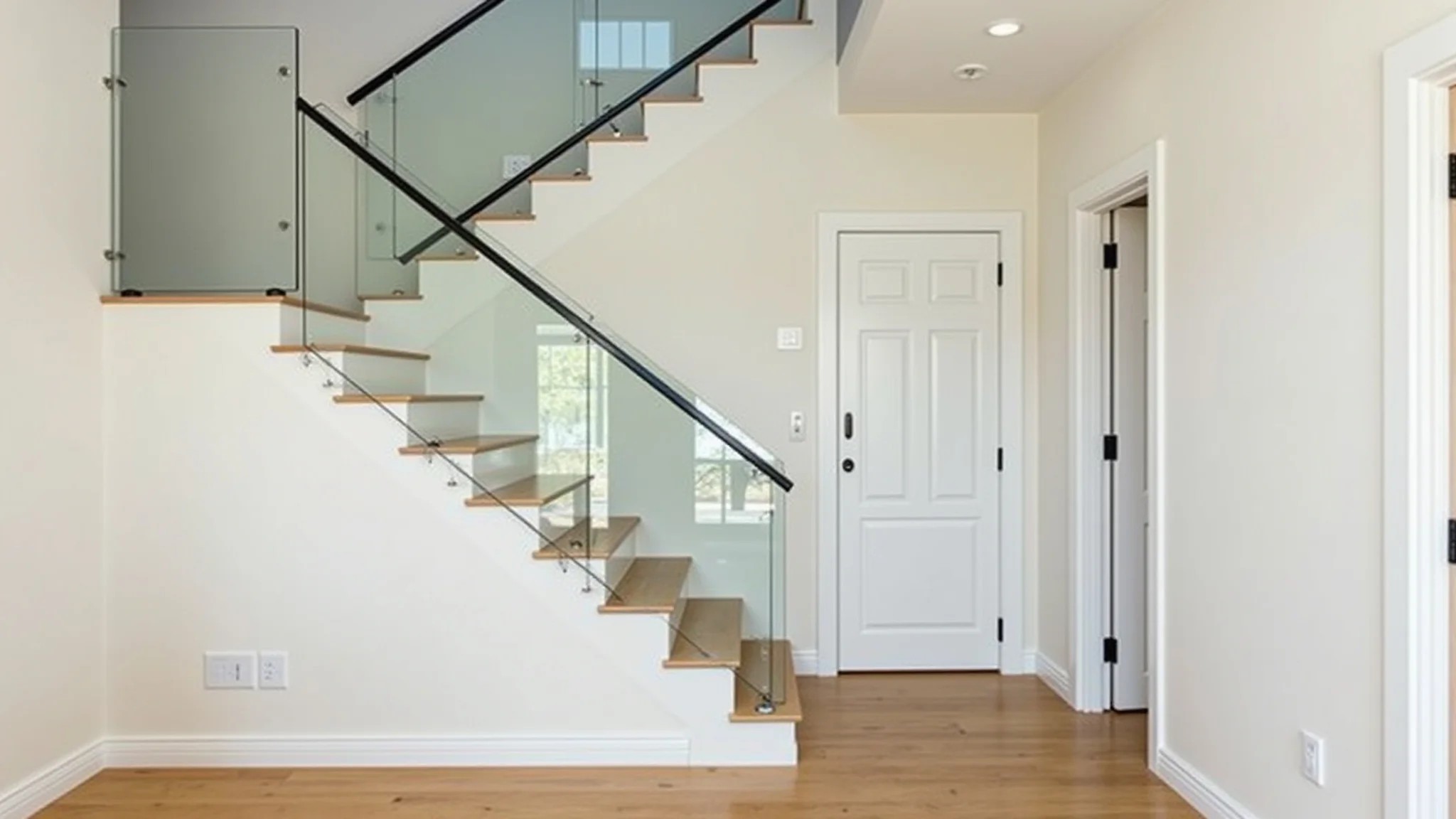 Escada minimalista com guarda-corpo de vidro em ambiente interno iluminado.