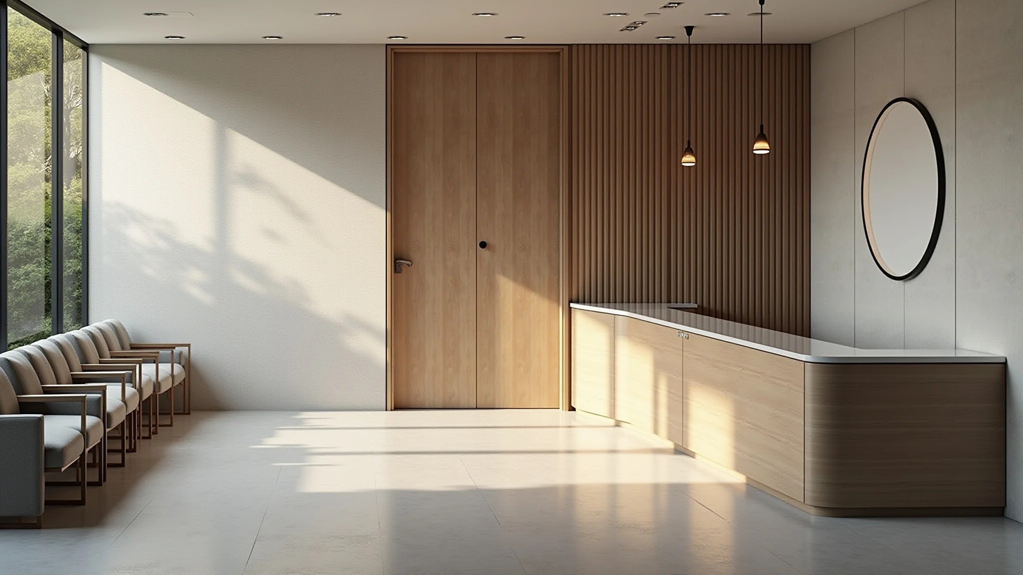 Sala de espera minimalista com piso de microcimento e linhas limpas.