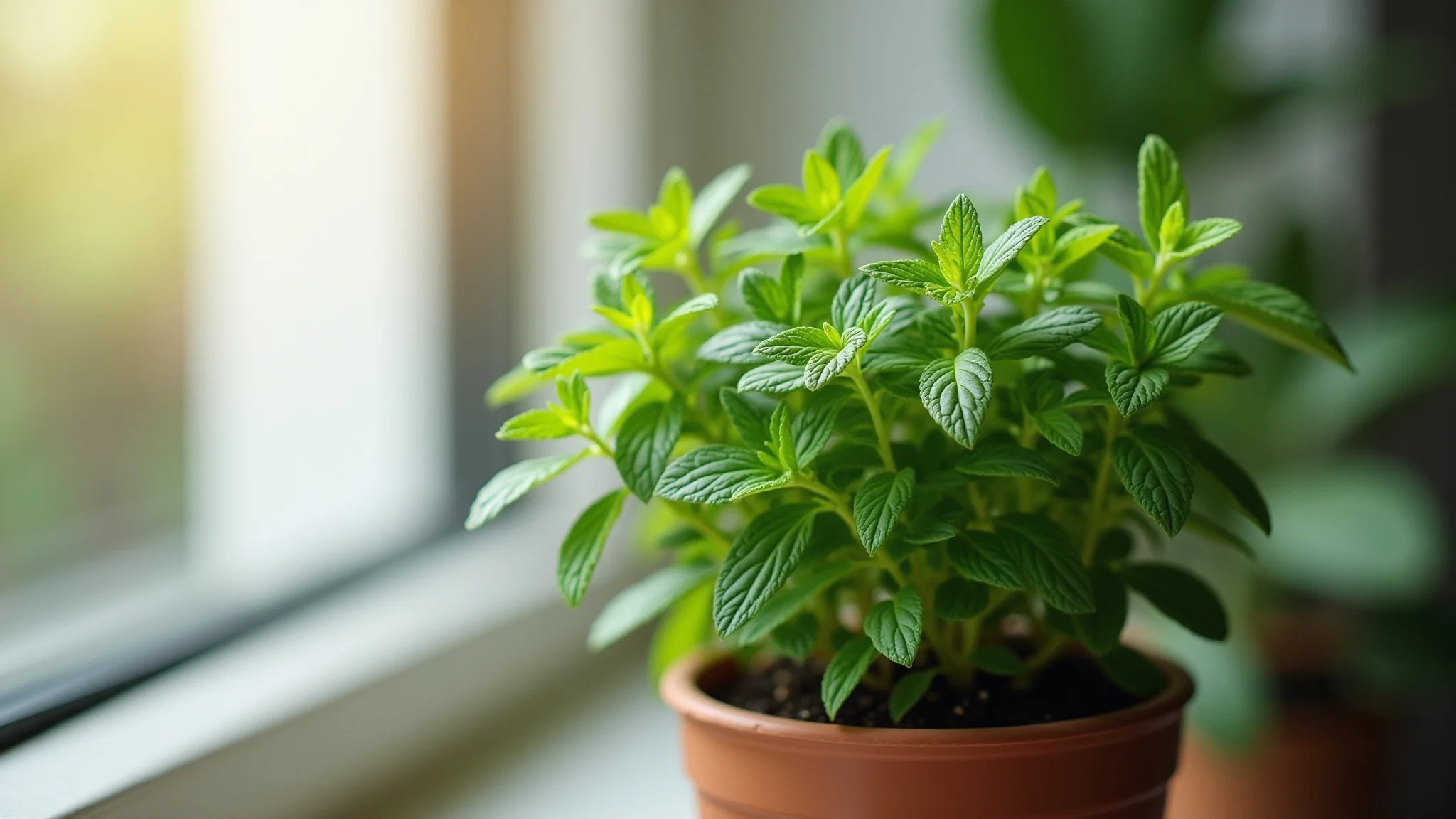 Hortelã plantada em um vaso, iluminação interna brilhante, erva medicinal refrescante.