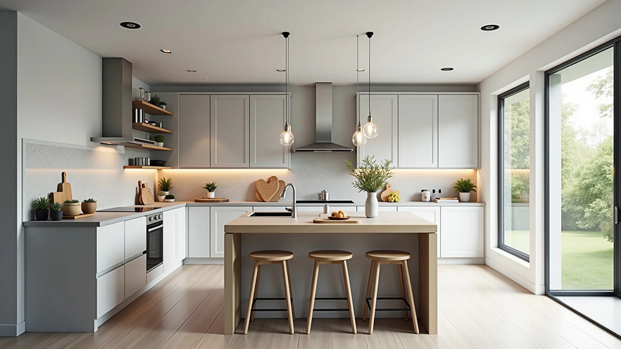 Cozinha americana moderna com materiais duráveis e fáceis de limpar.