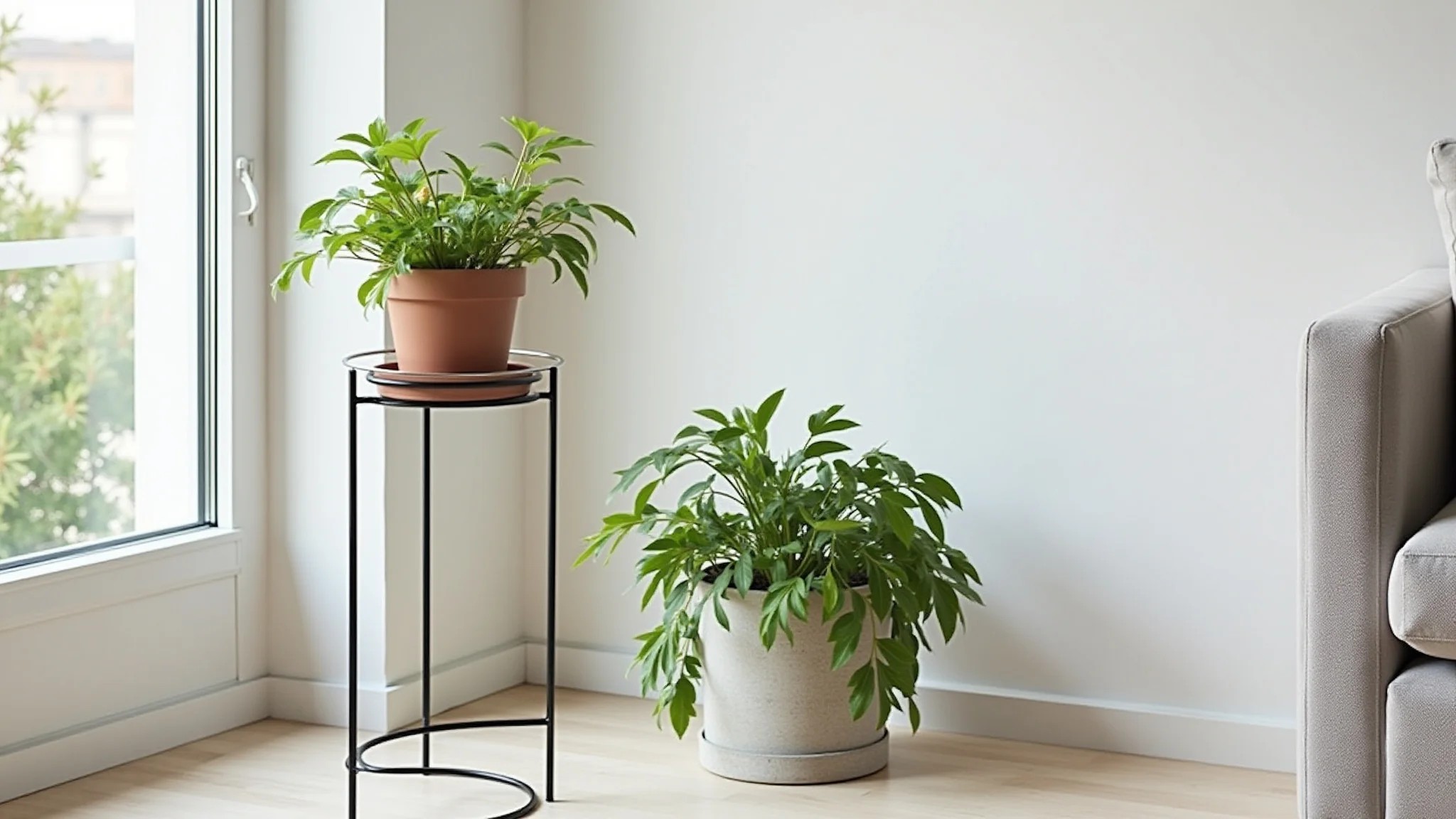 Apartamento moderno com suportes de metal para plantas no chão, design minimalista.