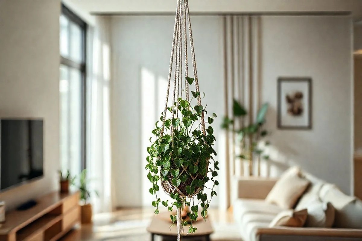 Vaso de macramê pendurado com planta pothos em apartamento