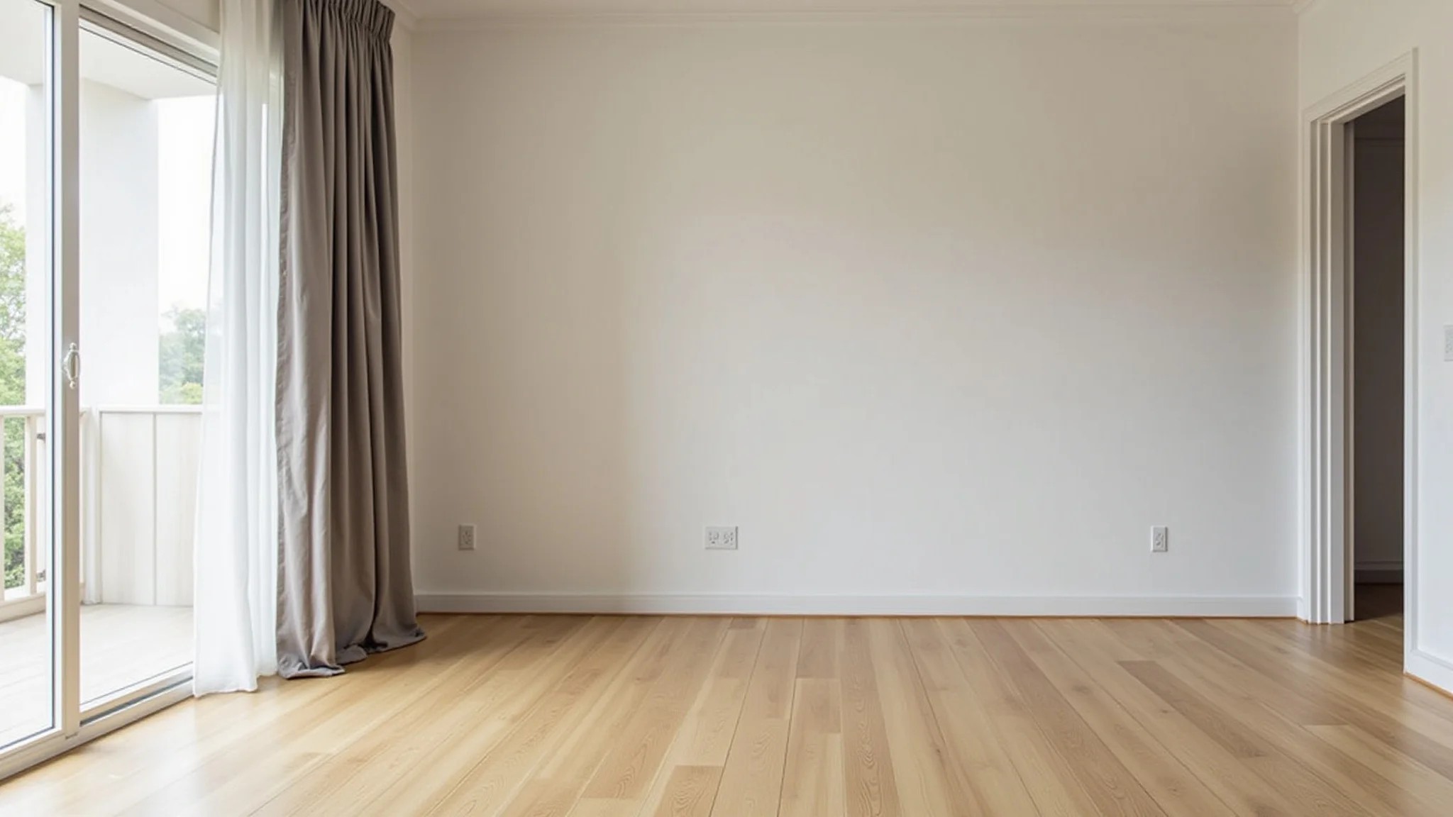 Interior de apartamento moderno com piso de madeira clara e design minimalista.
