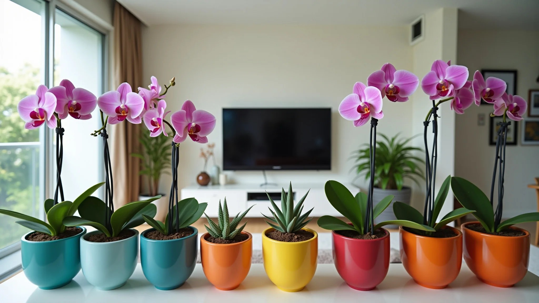 Apartamento moderno com vasos de cerâmica coloridos e orquídeas.