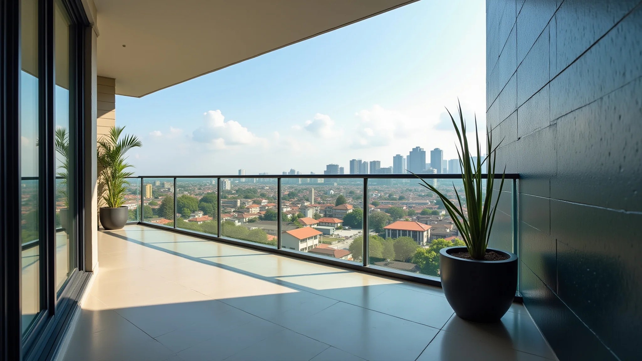 Varanda moderna com guarda-corpo de vidro e vista para a cidade brasileira.