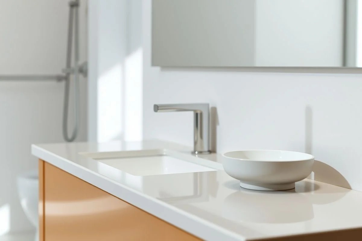 Saboneteira moderna em um banheiro minimalista com iluminação natural.