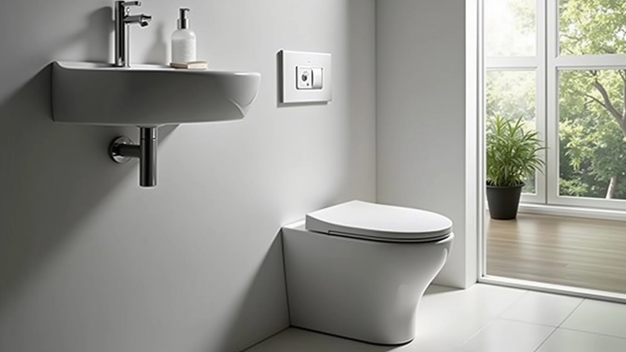 Banheiro moderno com vaso sanitário com caixa acoplada e design clean.