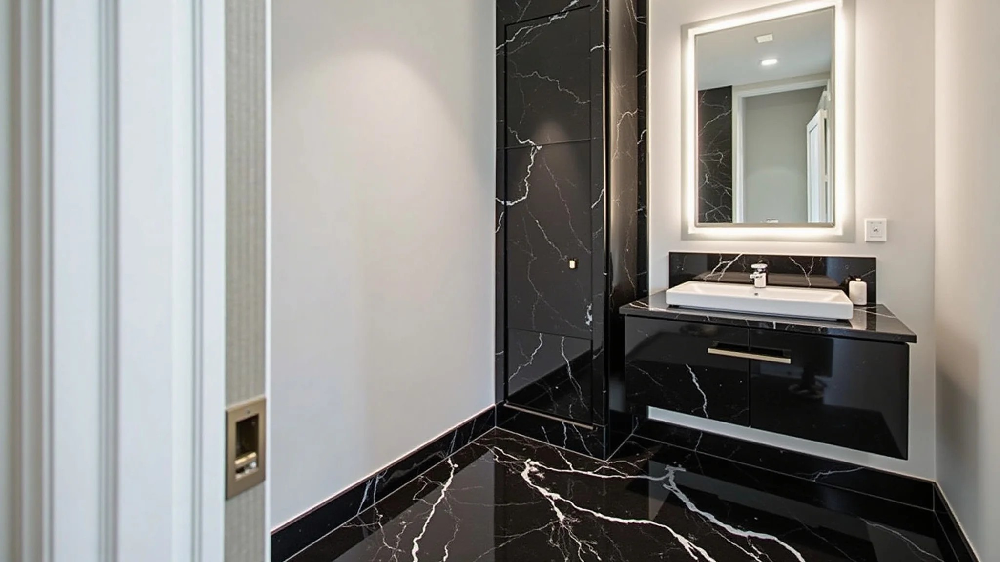 Banheiro moderno com piso de mármore Nero Marquina e paredes brancas.