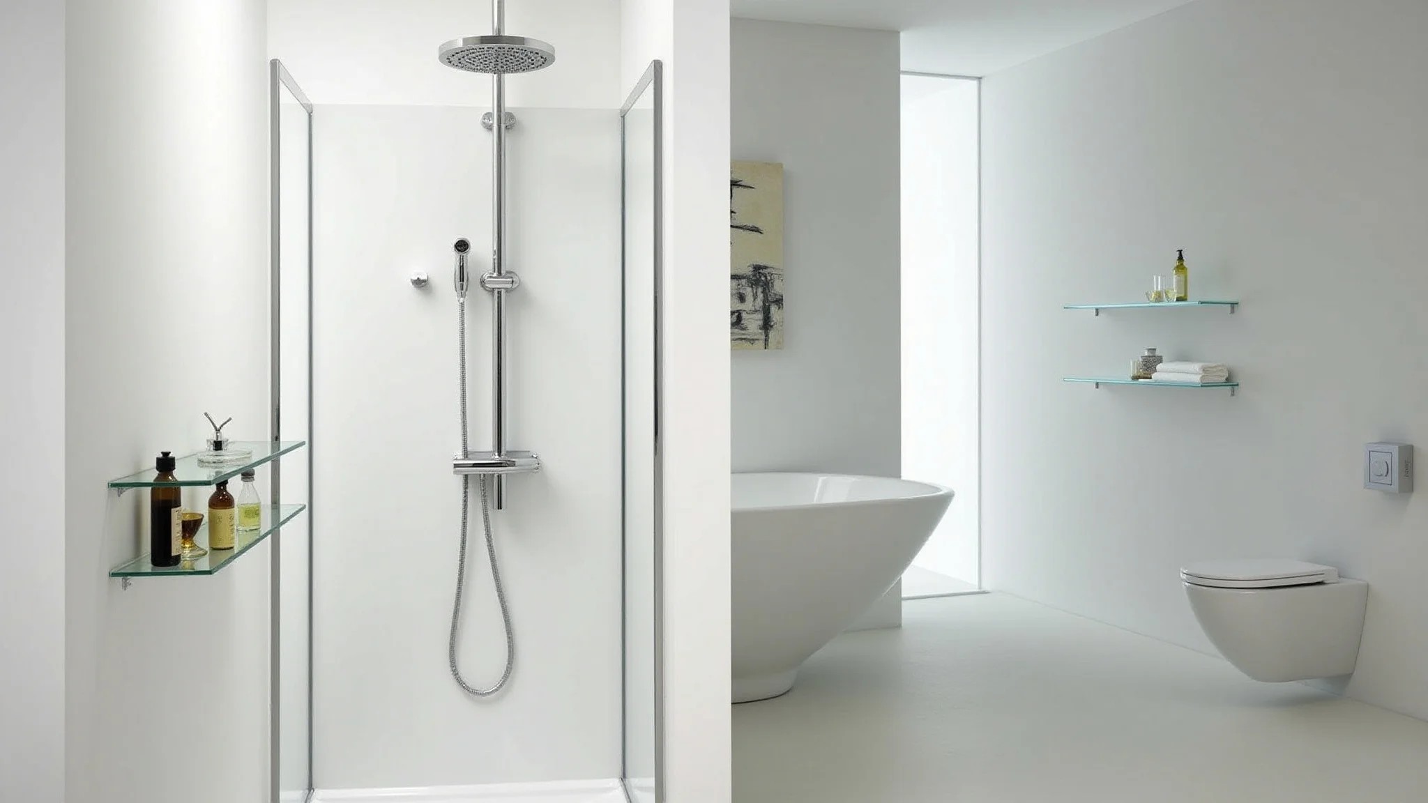 Porta shampoo suspensa em banheiro moderno com prateleiras de vidro.