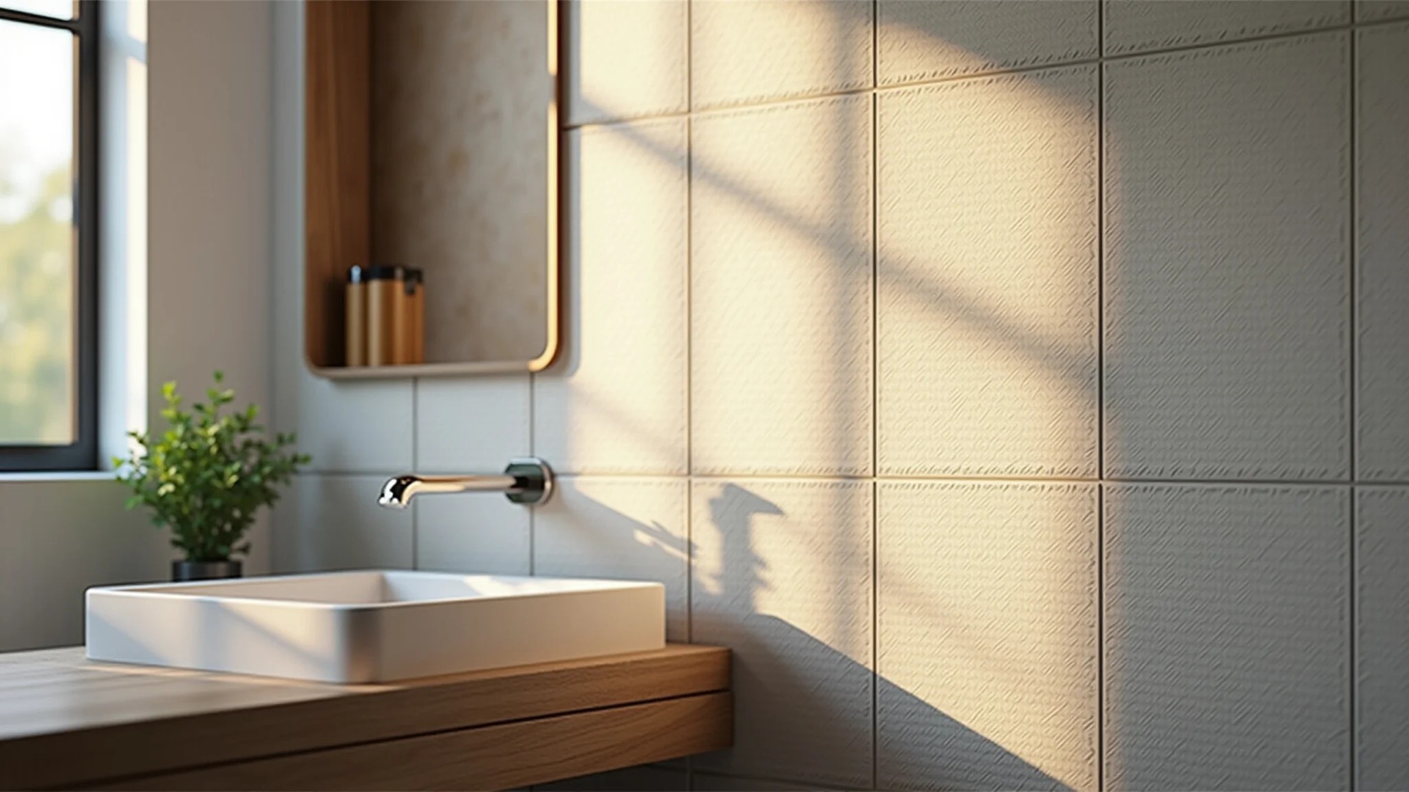 Banheiro moderno com revestimento 3D cerâmico, iluminação suave e decoração minimalista.
