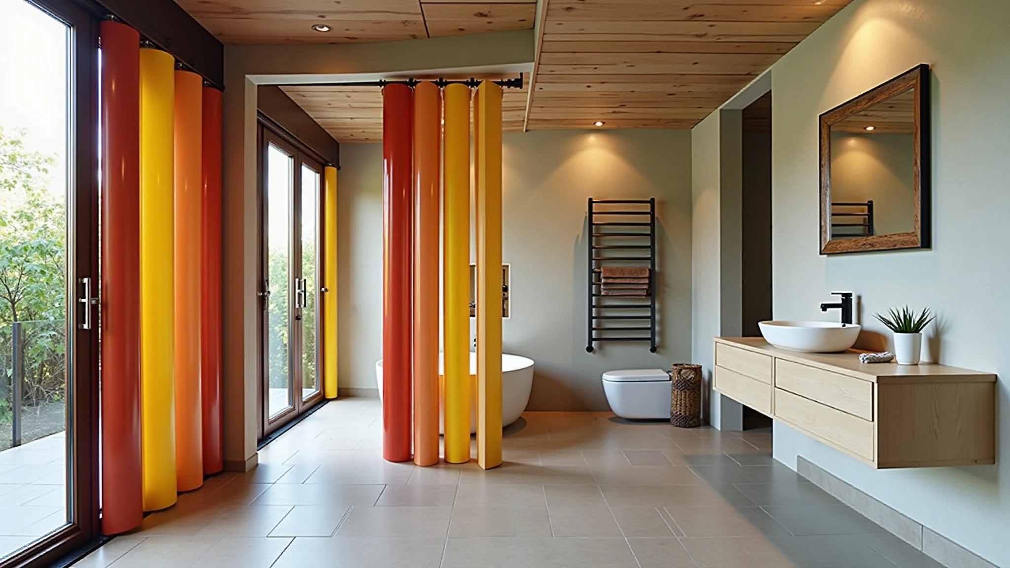 Banheiro moderno com porta sanfonada colorida, estilo Farm Rio e elementos de design brasileiro.