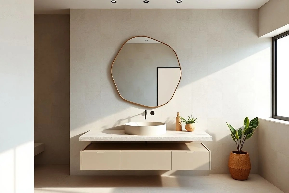Banheiro moderno com espelho orgânico e pia elegante. Design minimalista.