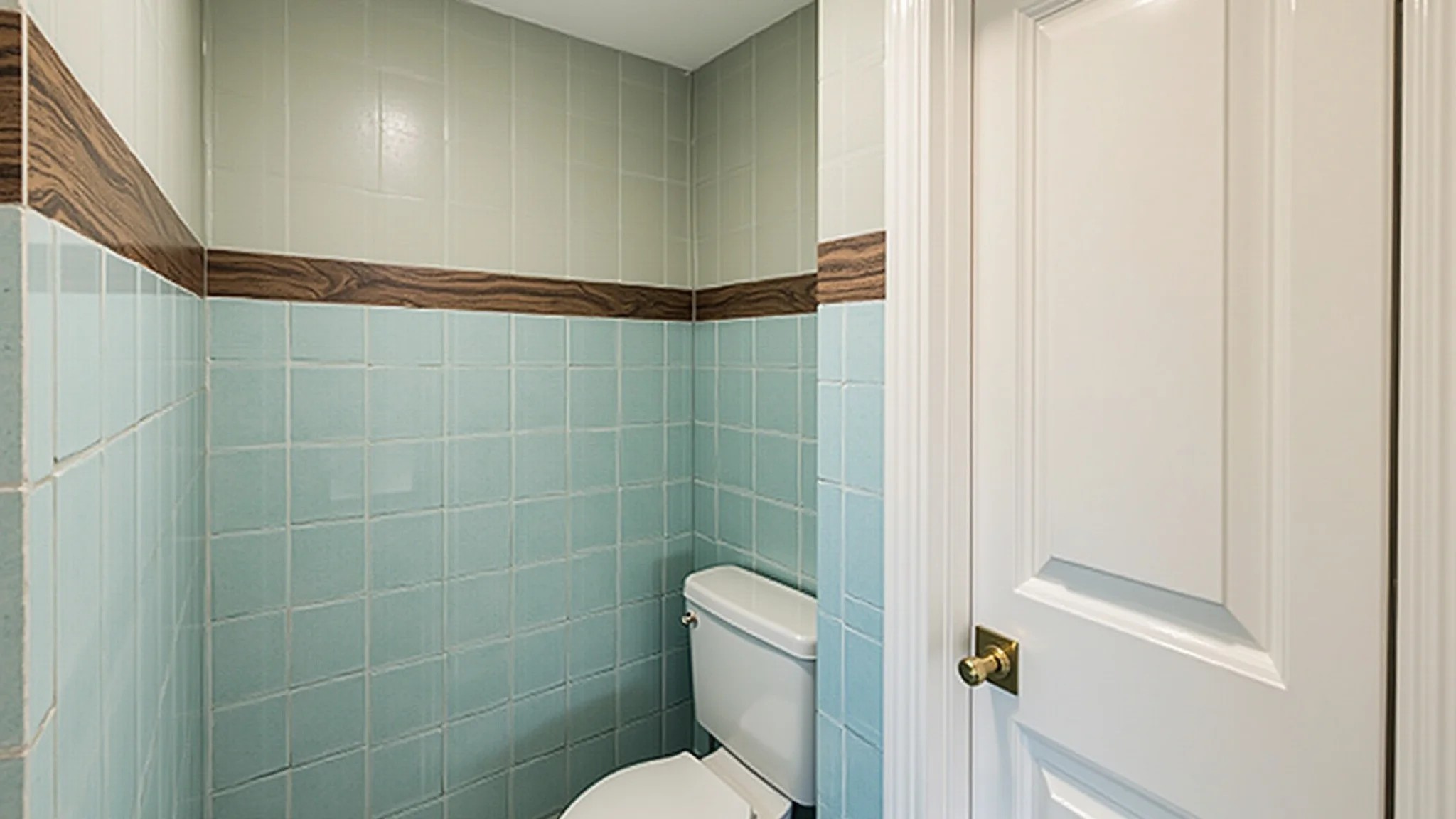 Banheiro moderno com paredes de drywall, azulejos azuis claros e detalhes em madeira.