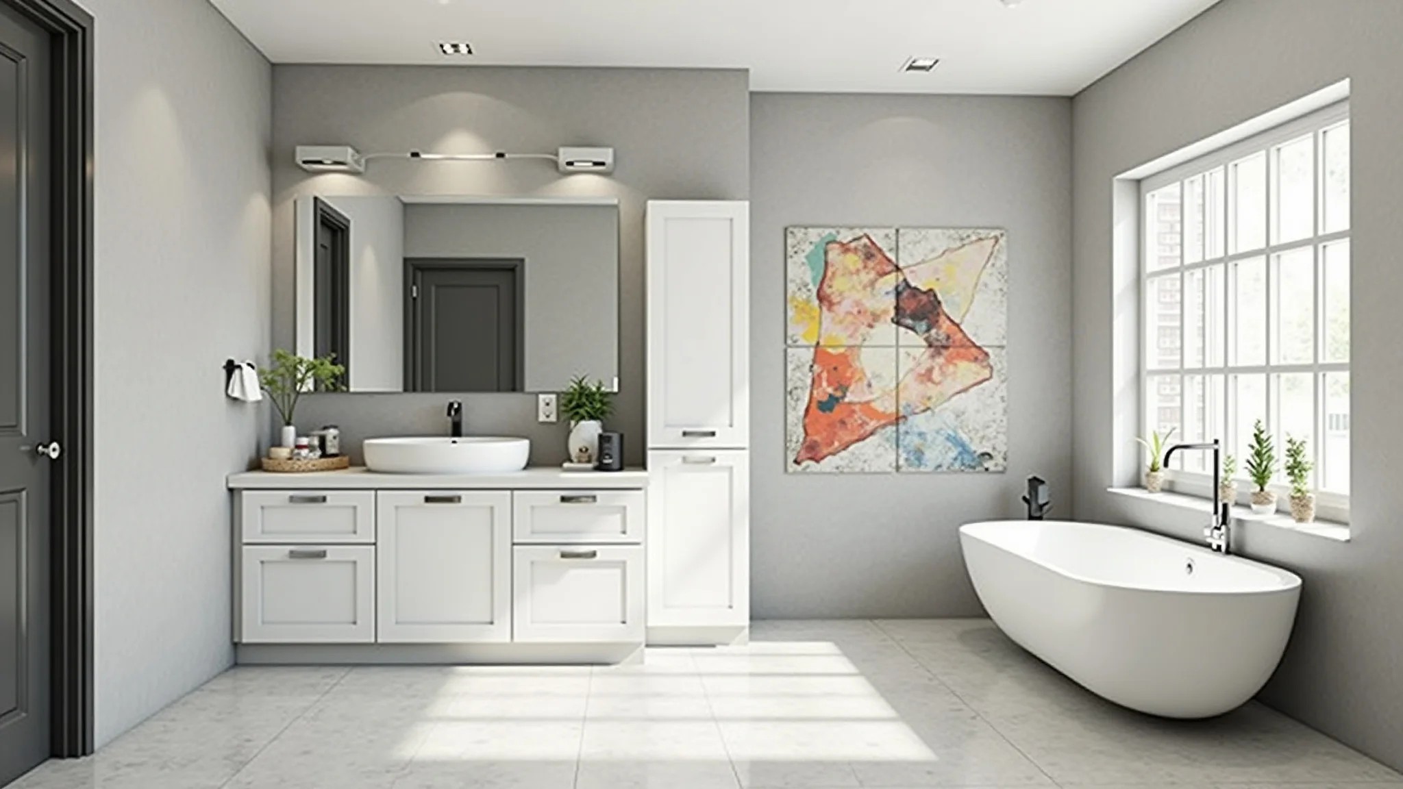 Banheiro moderno com arte geométrica na parede, linhas limpas, design minimalista.