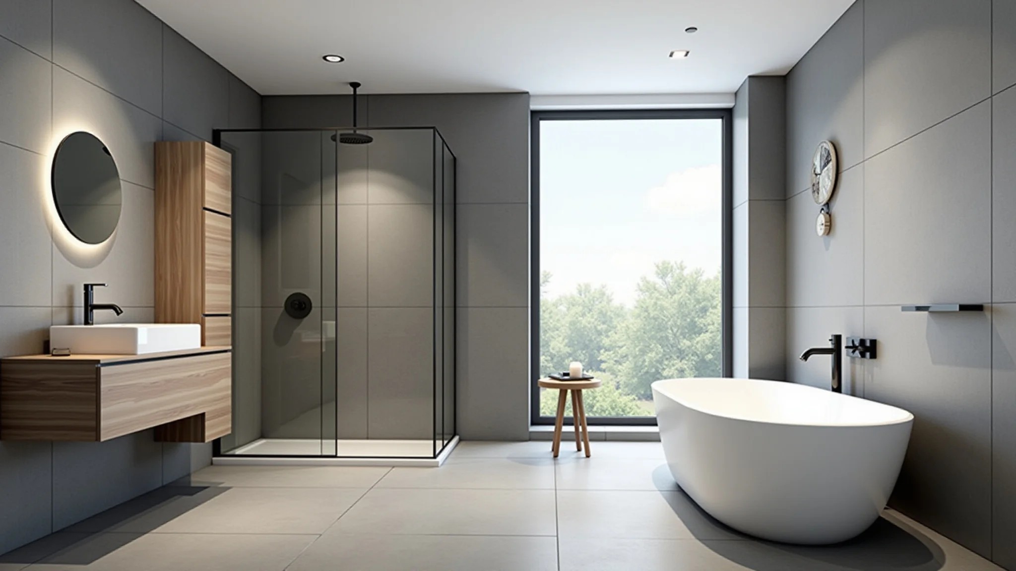 Banheiro moderno com porcelanato cinza de grandes formatos e design minimalista.