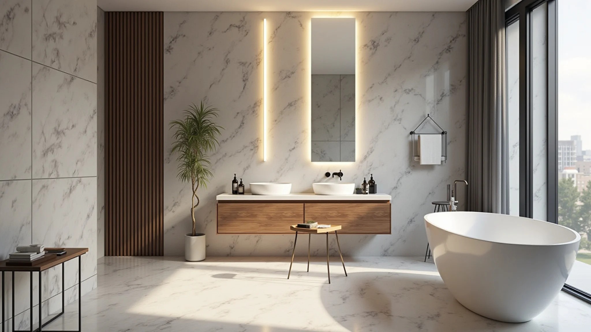 Banheiro moderno com nichos iluminados em mármore, design elegante e iluminação suave.