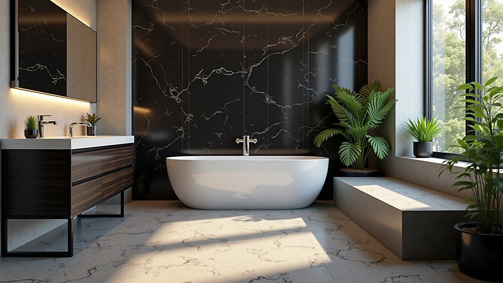 Banheiro moderno com filete de mármore Nero Marquina e iluminação brilhante.