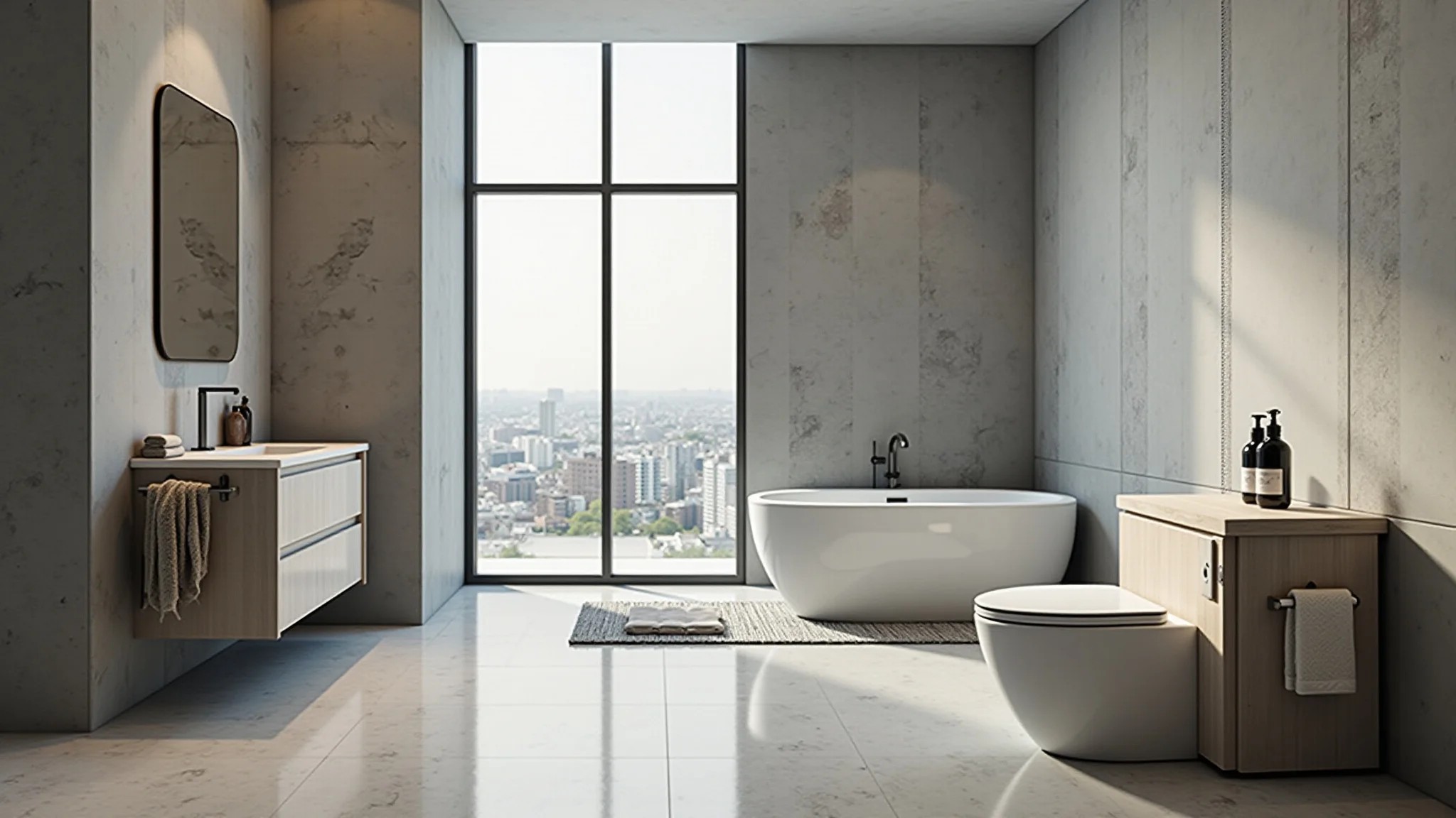Banheiro moderno com cimento queimado, design minimalista e iluminação clara.