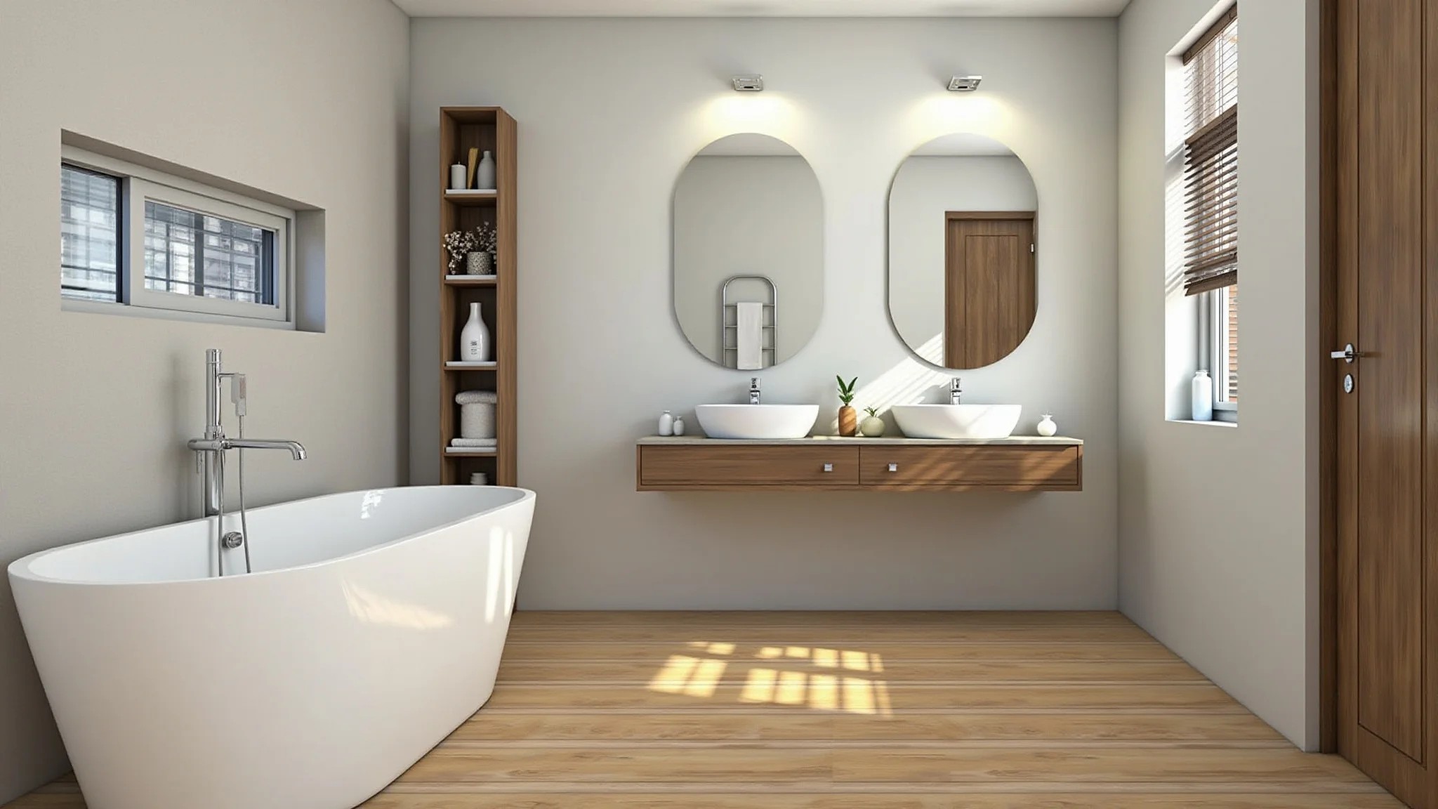 Banheiro moderno com piso porcelanato que imita madeira e decoração minimalista brasileira.