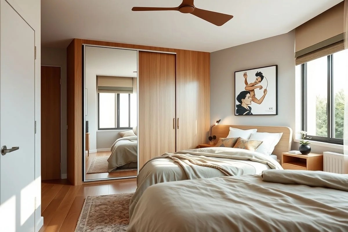 Quarto moderno com guarda roupa planejado embutido, portas de correr e espelho
