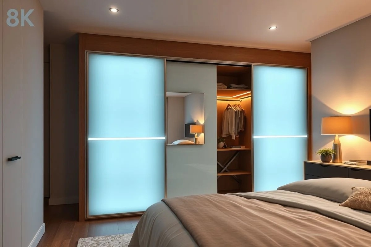 Quarto moderno com guarda-roupa de portas de correr e iluminação LED.