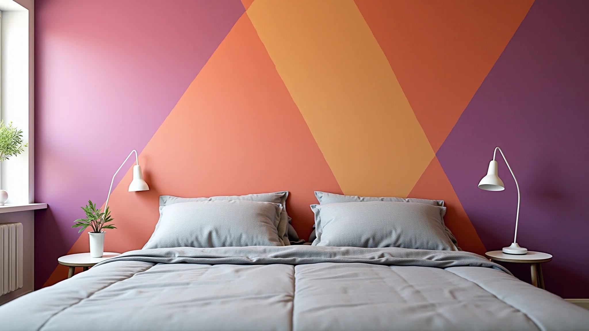 Quarto moderno com papel de parede geométrico abstrato em tons de rosa, laranja e roxo.