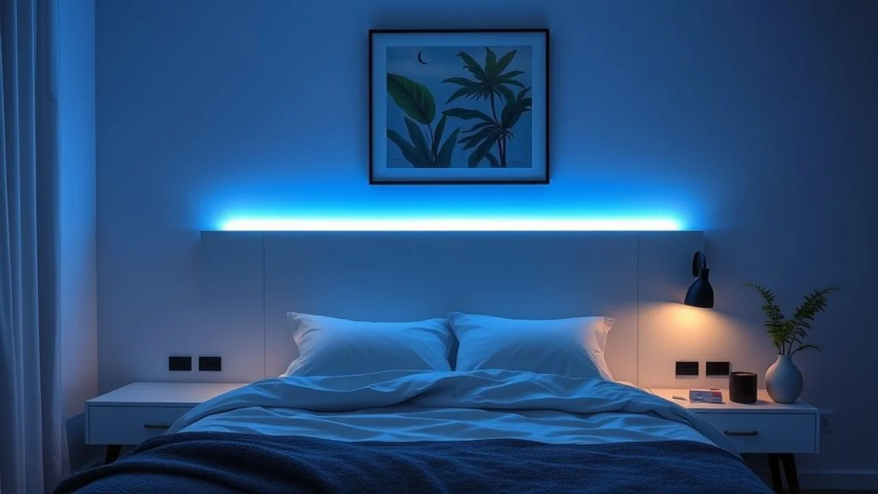 Quarto moderno com fitas de LED azuis atrás da cabeceira, criando um ambiente relaxante.